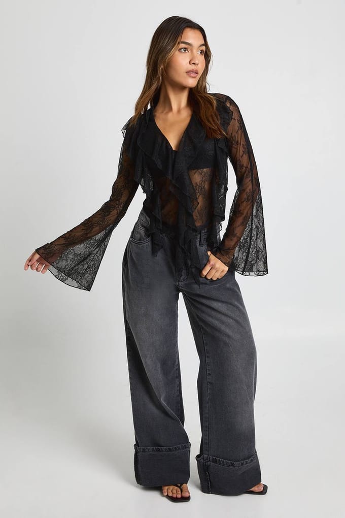 boohoo Transparante kanten blouse met ruches | Zwart | Maat: 36