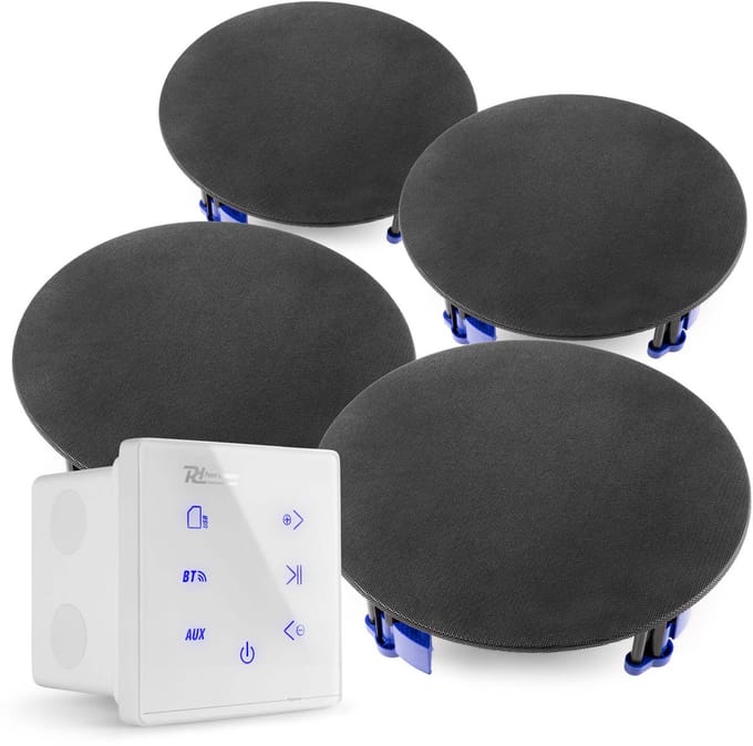 Power Dynamics Powerline A100W Set met witte inbouw versterker en 4 zwarte plafondspeakers