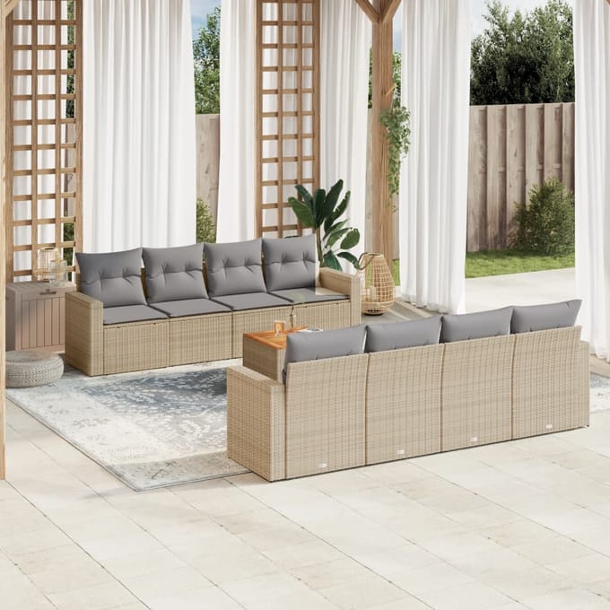 vidaXL - 9-delige - Loungeset - met - kussens - poly - rattan - beige