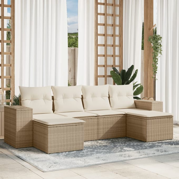 vidaXL - 6-delige - Loungeset - met - kussens - poly - rattan - beige