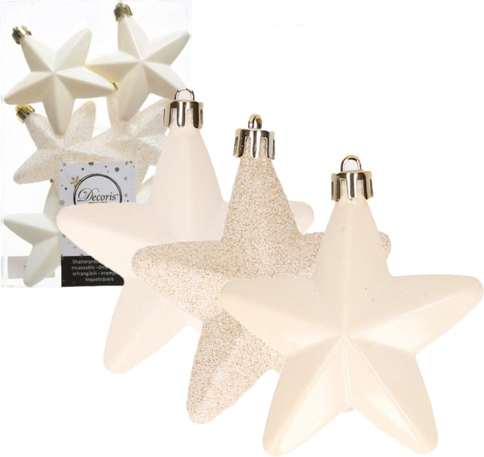 Decoris kersthanger sterren - 6x st - wol wit - 7 cm - kunststof - kerstornamenten - kerstversiering
