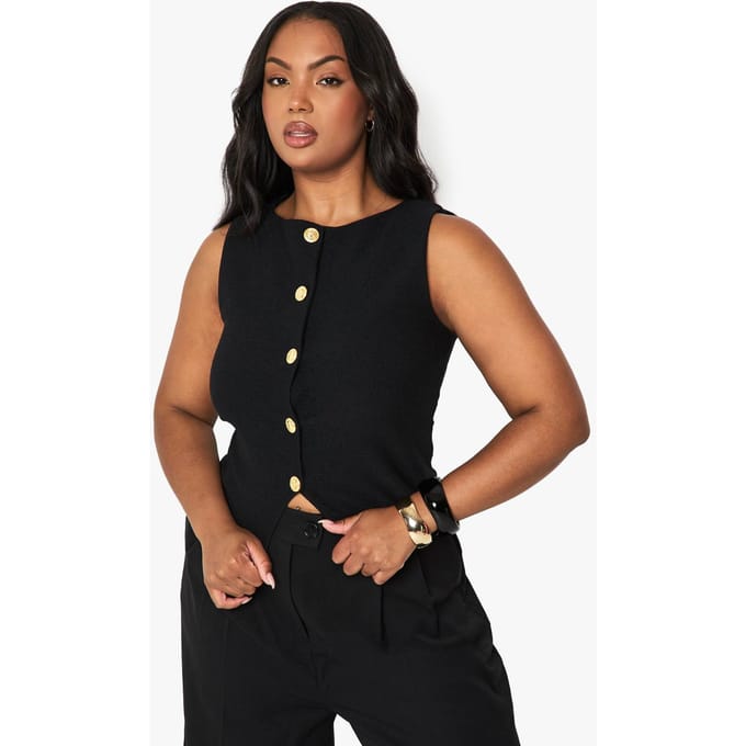 boohoo Dames Plus getextureerd vest met doorlopende knoopsluiting | Zwart | Maat: 56