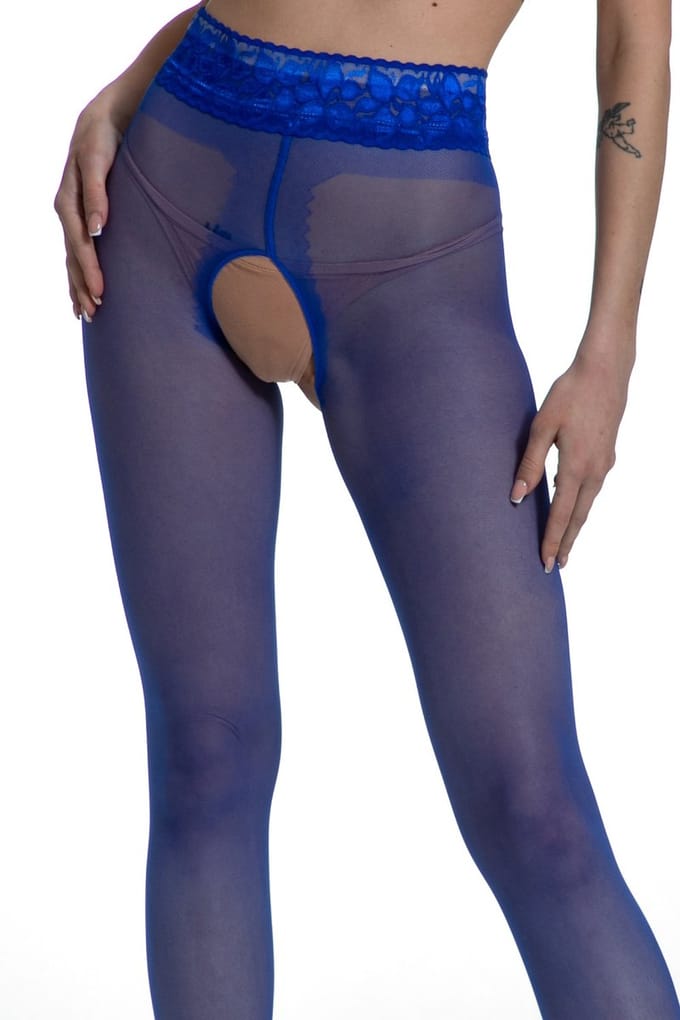 Blauwe Panty Open Kruis - 30 Denier - Maat: S/M - Model: Lace - Merk: Amour
