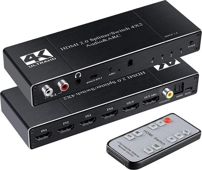 NÖRDIC SGM-154 HDMI switch 4 naar 2 Audio Extractor en ARC, 4K 2K in 60Hz, Zwart