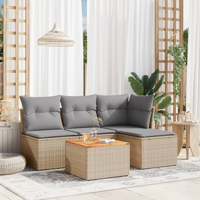 vidaXL - 5-delige - Loungeset - met - kussens - poly - rattan - beige