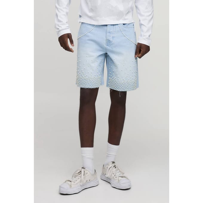Ontspannen Denim Shorts Met Parelversiering | Light Blue | Size 34