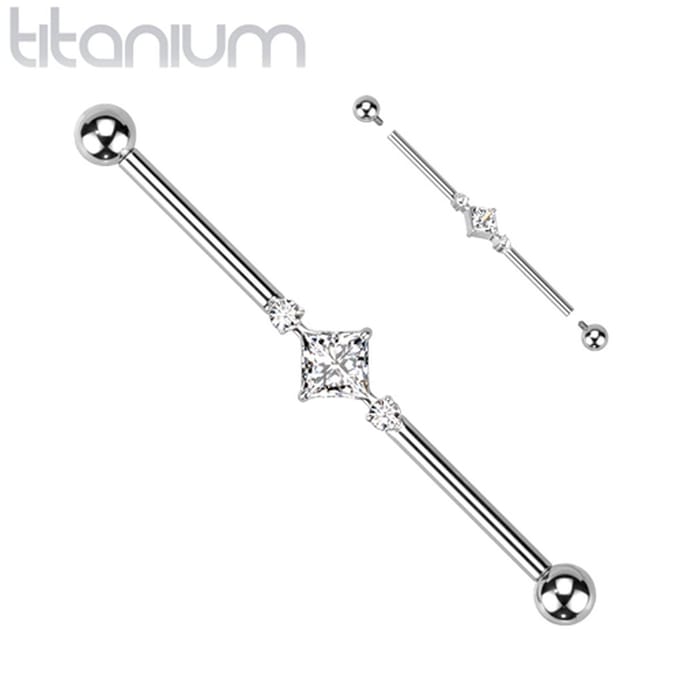 Industrial piercing titanium vierkant met ronde steentjes - zilver - LMPiercings