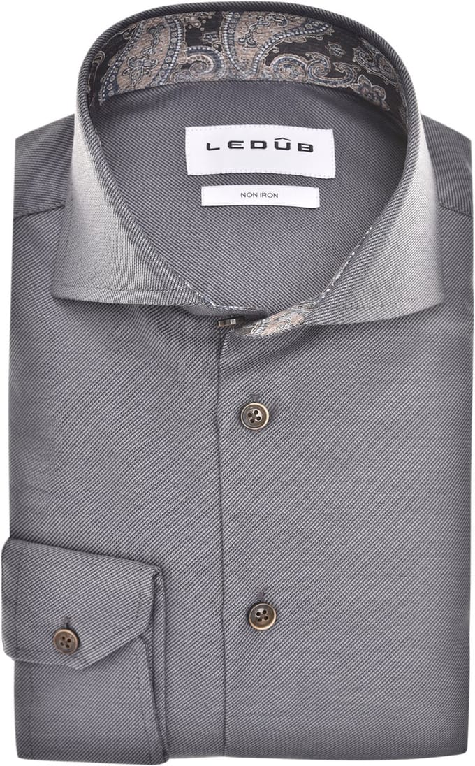 Ledub modern fit overhemd - popeline - middengrijs - Strijkvrij - Boordmaat: 39