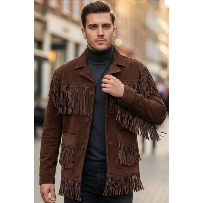 Heren Western Retro Brown Cowboy Suède Leren Fringe Jas - Karmozijnrood