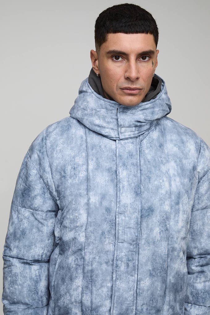 Tall Oversized Fit Gewassen Nylon Kap met Trechternek en Duvet Pufferjas | Grey | Size Large