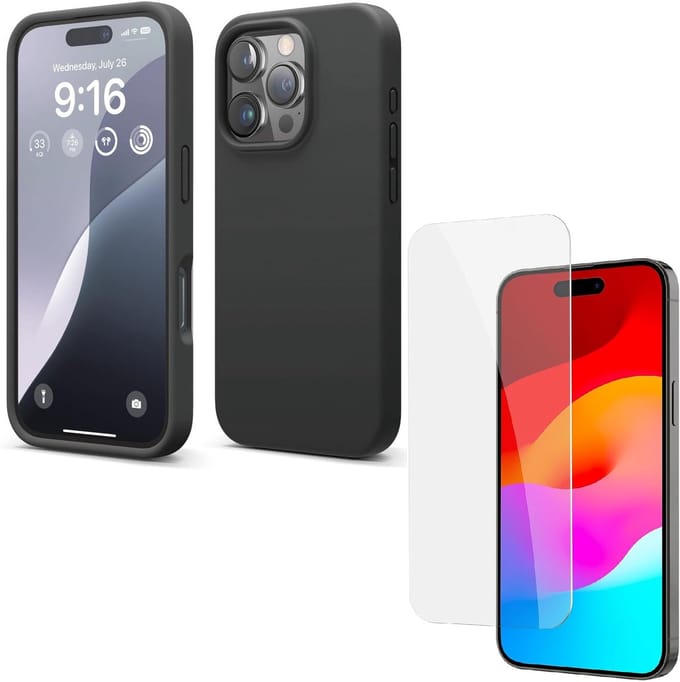 Solid hoesje Soft Touch Liquid Silicone Flexible TPU Rubber + Screenprotector- Geschikt voor: iPhone 16 Pro Max - Zwart