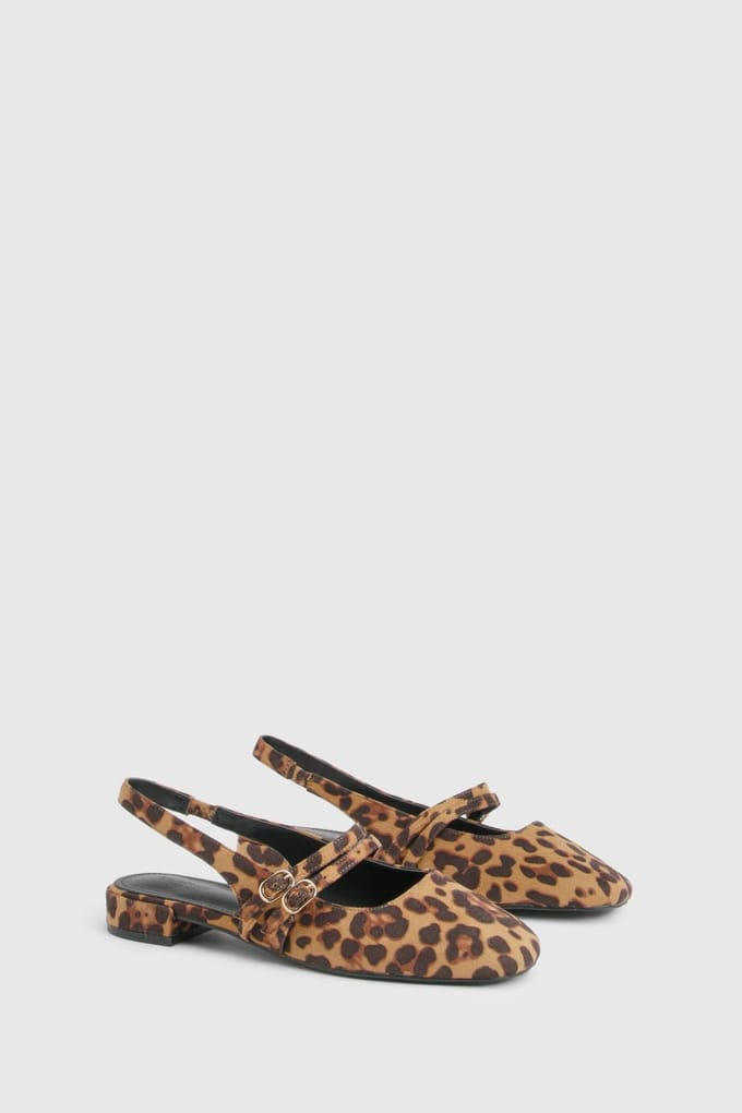 boohoo Dames Wijde Pasvorm Luipaard Slingback Ballerina's Met Dubbele Band | Leopard | Maat: 5