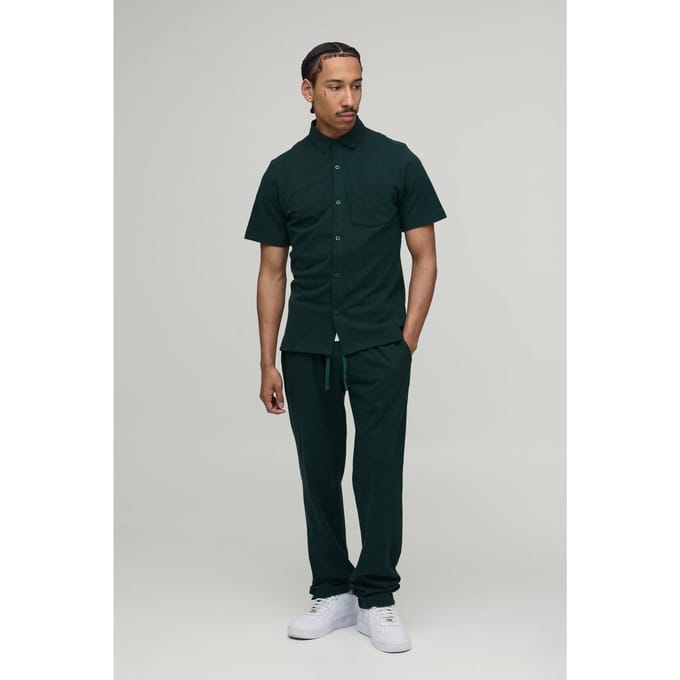 Slim Fit Short Sleeve Shirt and Tapered Trouser Set | Khaki | Size Medium