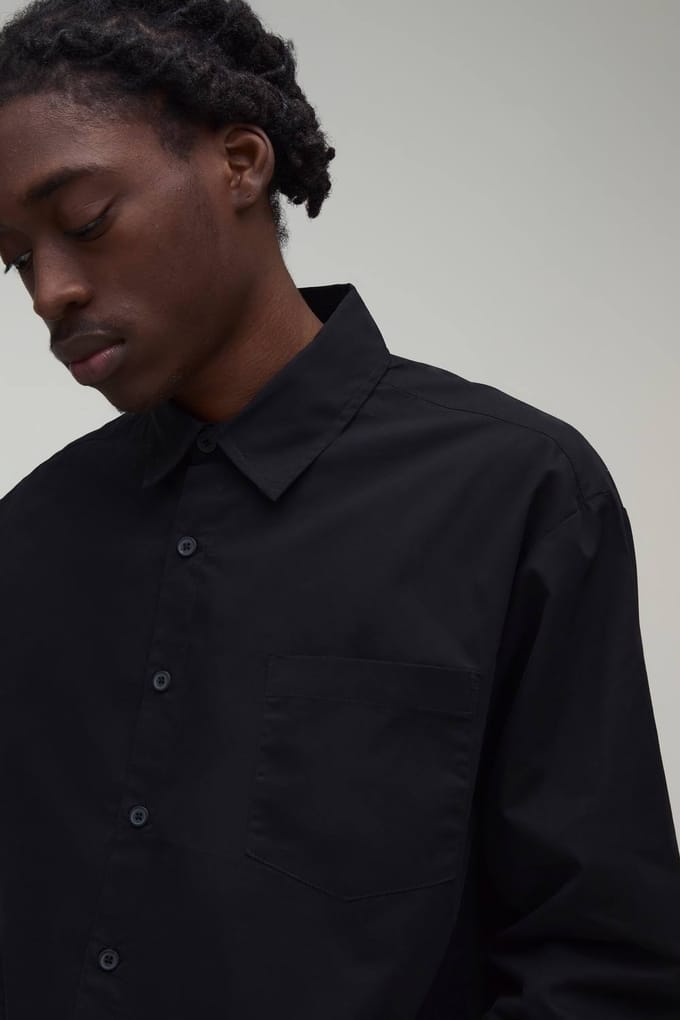 Oversized Boxy Asymmetrisch Knoopslijst Poplin Overhemd | Black | Size Medium
