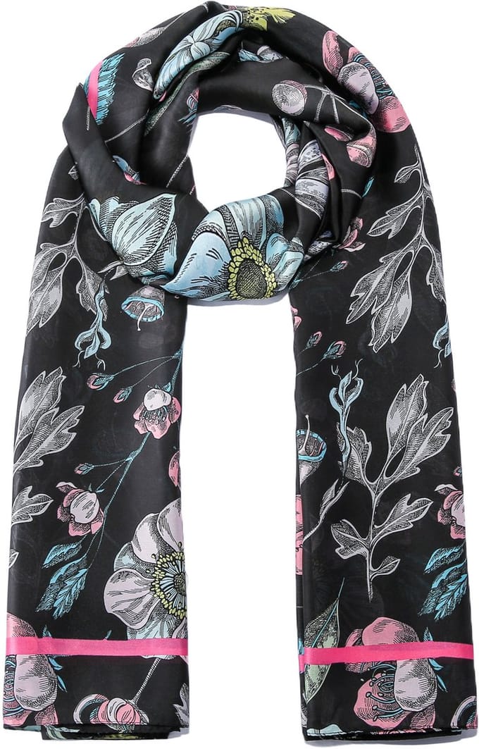 Emilie scarves - sjaal - bloemenprint - lang - satijn - Zwart