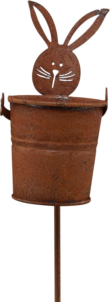 Bedplug roest konijn met emmer plantenbak vintage 5x11cm