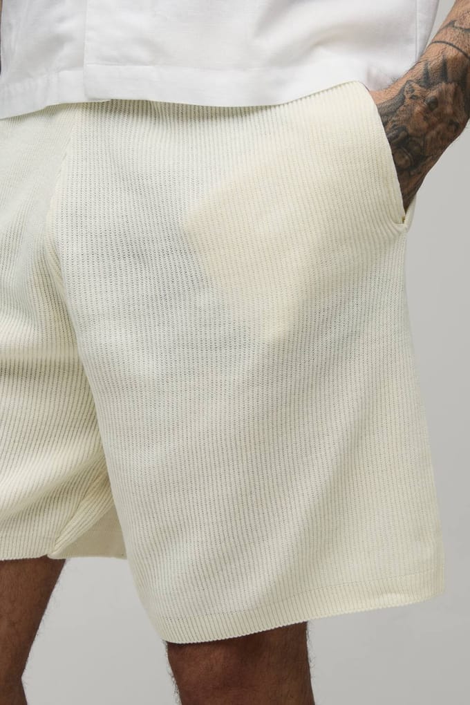 Lange Relaxed Geribbelde Gebreide Short | Ecru | Size Small
