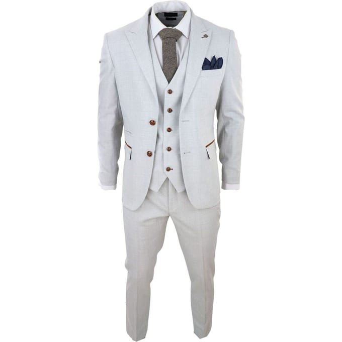 Heren grijs steen 3-delig tweed geruit pak