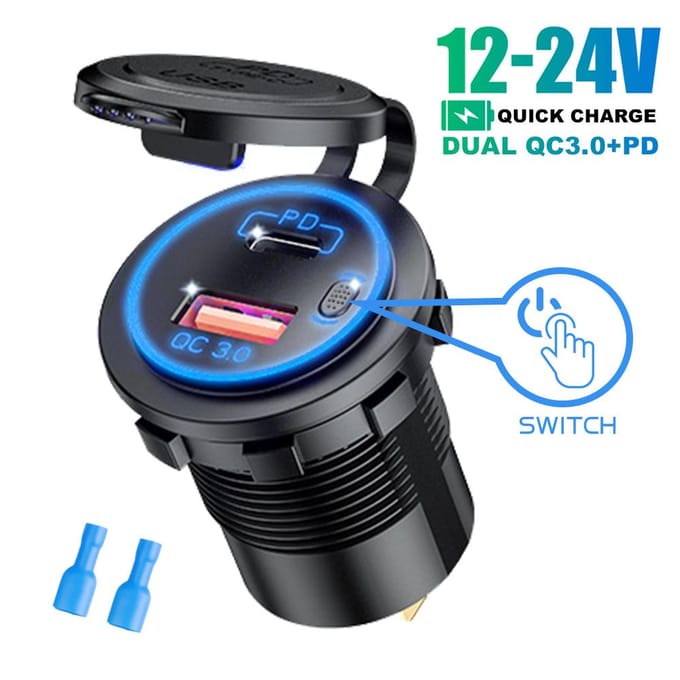 65W QC3.0 USB PD Autolader Socket Waterdicht Snellaadadapter met Aan/Uit Schakelaar voor Auto Motorfiets Boot Marine
