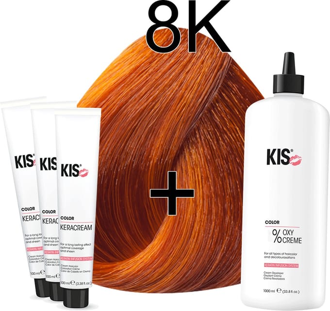Kis KeraCream Color - 100ml - Haarverf Set - 8K Licht koper | KIS - (3 x haarverf & 1L waterstofperoxide)
