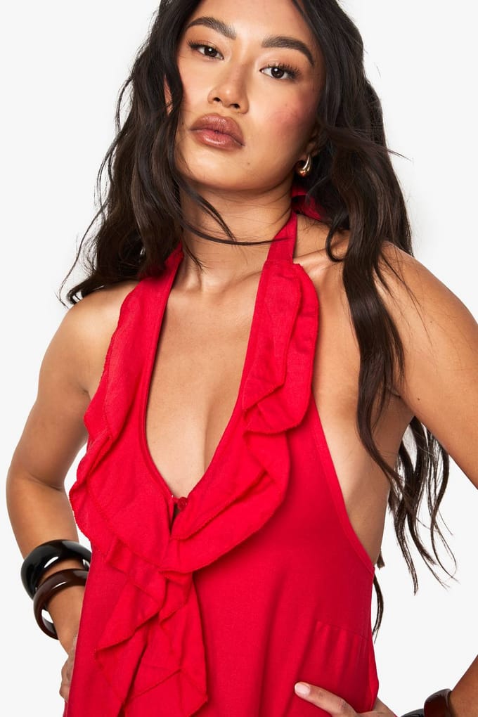 boohoo Dames Gewoven Gekreukeld Ruffle Top met Knopen | Rood | Maat: 34
