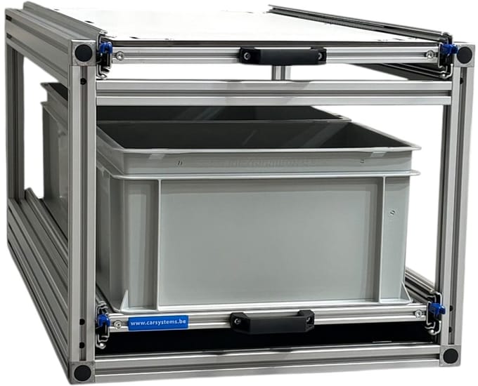 Dubbele schuifframe 90x40 cm inclusief 2 open bakken en 6 mm global volkern bovenplaat