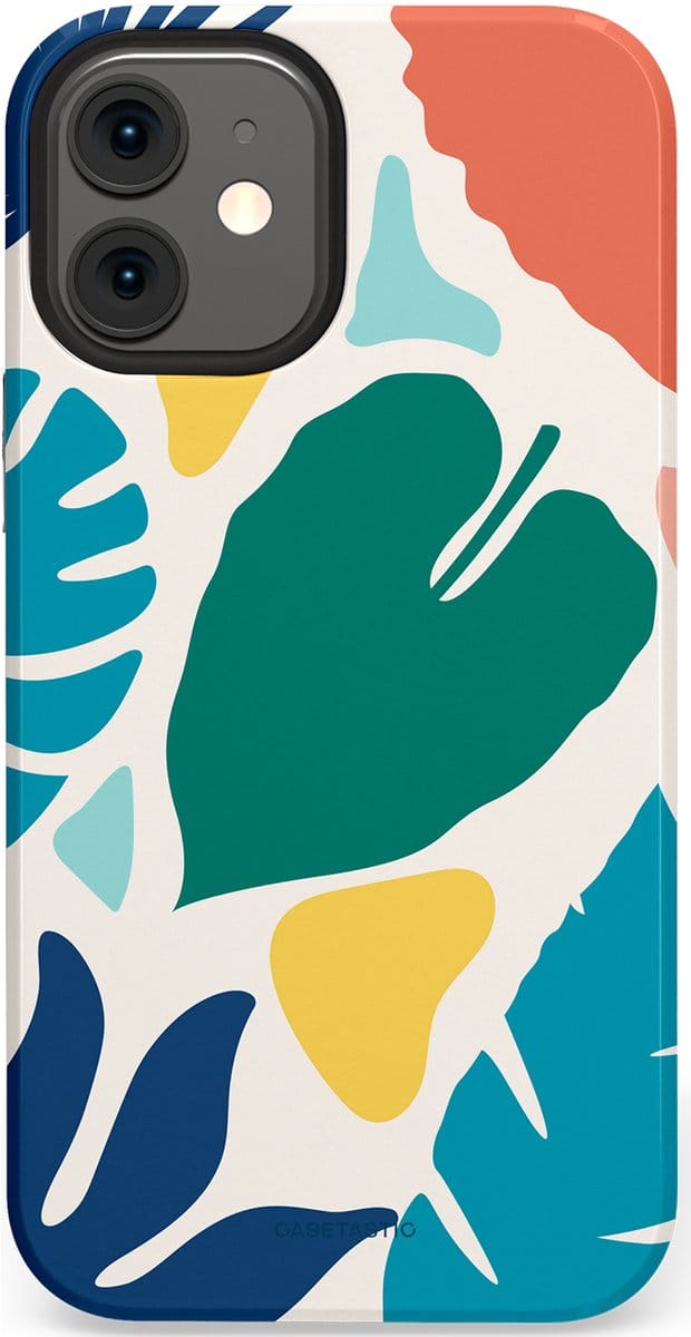Casetastic hoesje geschikt voor Apple iPhone 12 Mini - Dubbellaagse bescherming - Moderne Kunstbladeren - Fashion Case - Petrol Wit Koraal Lichtgrijs