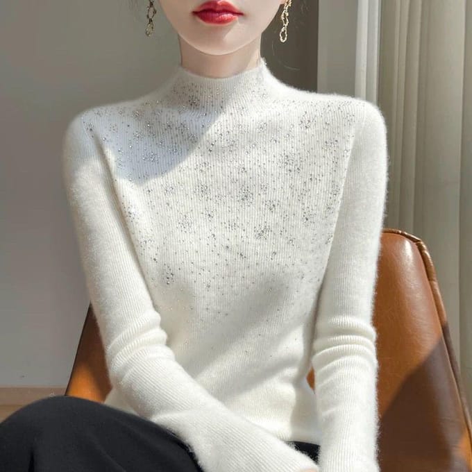 Pull Robuste à Strass pour Femme, Pull Épais d'Hiver Coupe Ajustée, Haut de Pull de Base Tricoté 3XL white