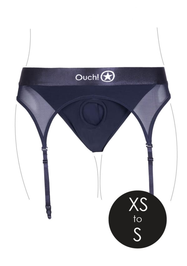 Ouch! by Shots - Vibrating Strap-on Thong with Adjustable Garters - XS/S - Black