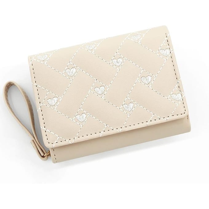 Portefeuille brodé en forme de cœur d'amour pour femmes, sac court, porte-cartes, grande capacité, porte-monnaie à la mode blanc