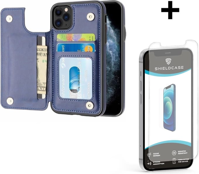 ShieldCase Wallet case geschikt voor Apple iPhone 12 / 12 Pro - 6.1 inch - ruimte voor pasjes - pasjeshouder - portemonnee - blauw + glazen Screen Protector