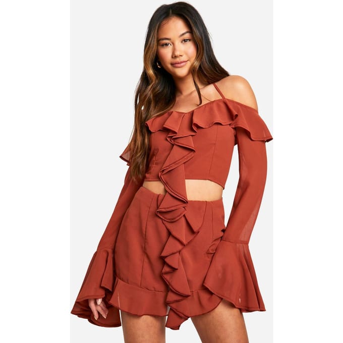 boohoo Dames Chiffon minirok met ruches aan de voorkant | Roest | Maat: 38