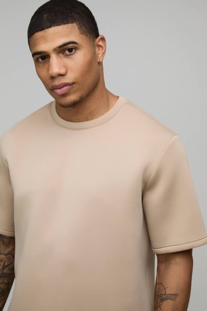 Regular Fit Gebonden Scuba T-shirt & Slim Pintuck Short Set | Taupe | Size Medium