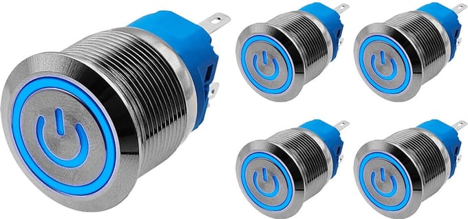 ProRide Drukschakelaar ON-OFF 220V - 22mm Metaal - Waterdicht - LED Ring Blauw - 5 stuks