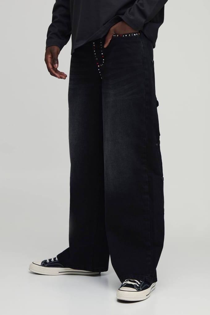 Baggy Jeans Met Versierde Afwerking En Meerdere Zakken | Washed Black | Size 36
