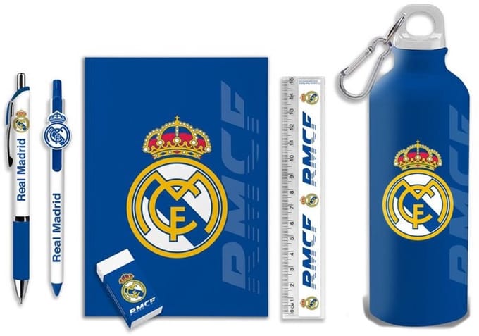 Real Madrid stationery set + aluminium drinkfles – 7-delig – blauw/wit - Geschenkset - Cadeau