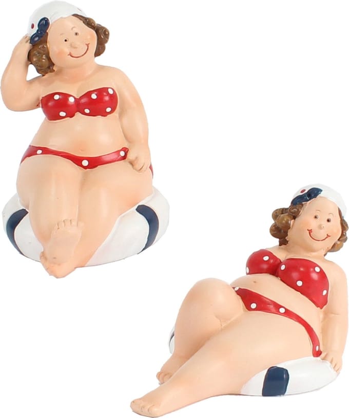 Woonkamer decoratie beeldjes set van 2 dikke dames - rood badpak - 10 cm