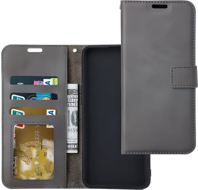 Bookcase Geschikt voor: iPhone 17E / 16E - Grijs - portemonnee hoesje - Book Cover