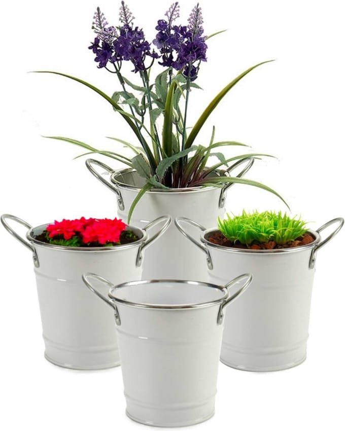 Arte r Plantenpot/bloempot emmer- 4x - zink - wit - D12 x H16 cm