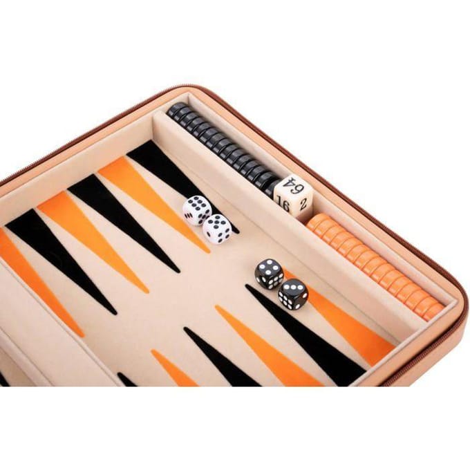 Backgammon 9 inch - Beige, Oranje & Zwart Ingelegd Bord - Beige Zipper - Compact Reisspel - Engelhart