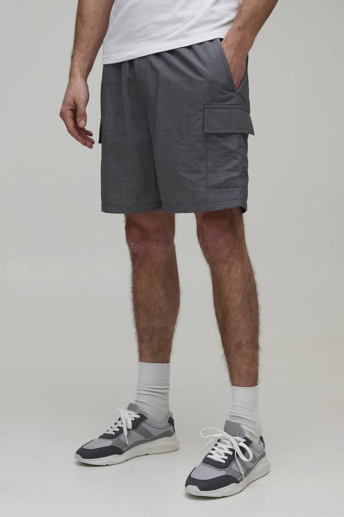 Essential Relaxed Fit Elasticated Nylon Cargo Shorts | Grey | Size Medium