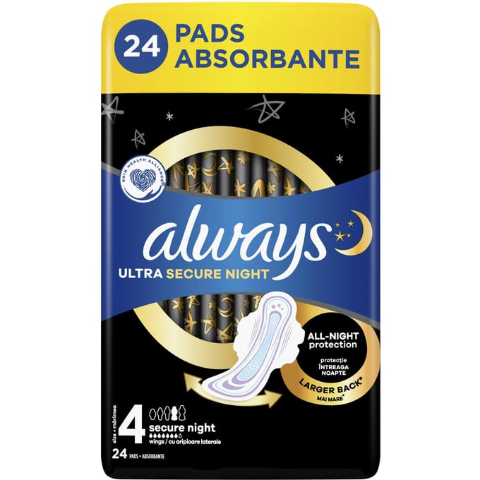 Always Ultra Secure Nuit Quattro Serviettes Hygiéniques, 24 Pièces