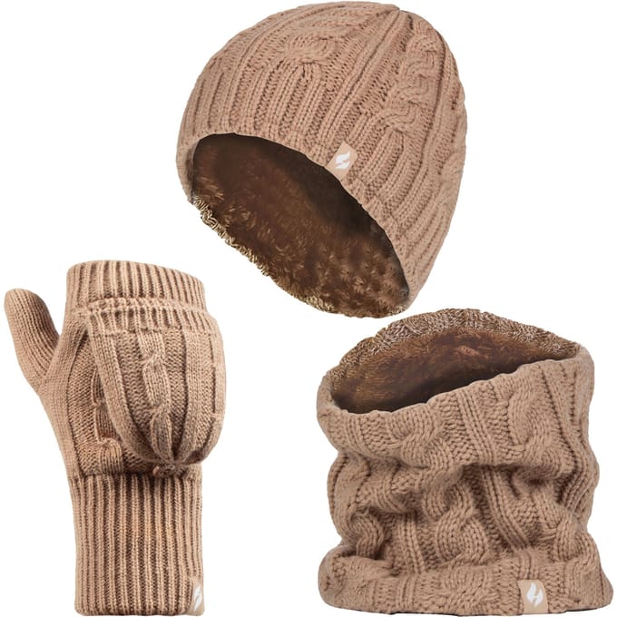 Heat Holders dameshoed, nekwarmer handschoenen set - Beige