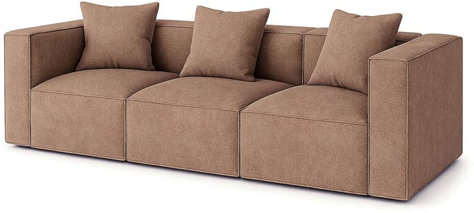 Box 3-zits bank, 3 sierkussens beige, bruin.