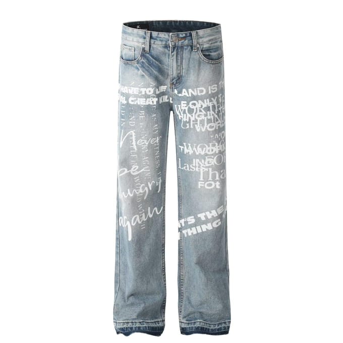 High Street Graffiti Letters Vloerbroek Retro Verouderde Wassing Jeans L