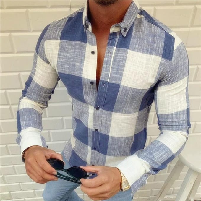 Mode heren geruit overhemd lange mouwen cool slim fit poloshirts M blauw
