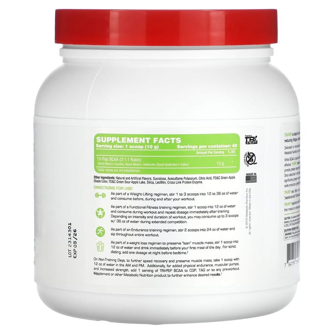 Metabolic Nutrition, Tri-Pep, Acides Aminés à Chaîne Ramifiée, Pomme Verte, 14.1 oz (400g)