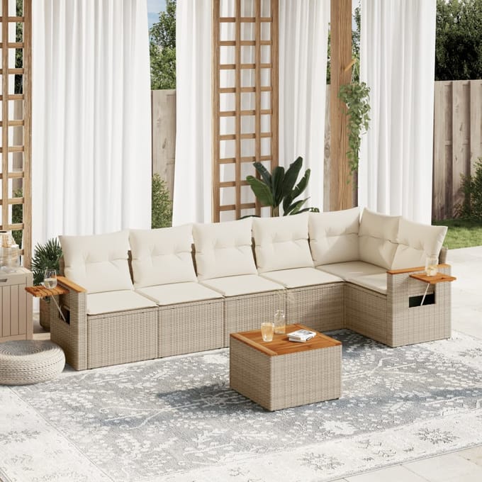 vidaXL - 7-delige - Loungeset - met - kussens - poly - rattan - beige