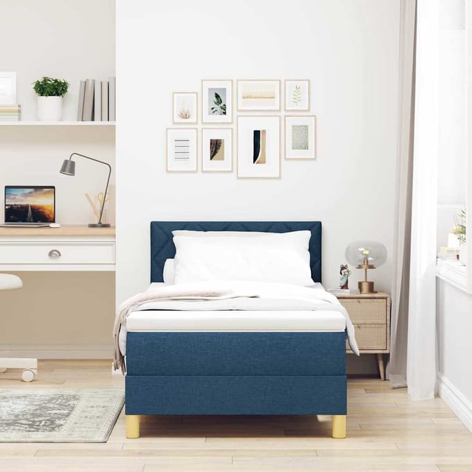 vidaXL - Boxspring - bed - met - kussen - met - hoofdeinde - Blauw - 100 - x - 200 - cm - Stof