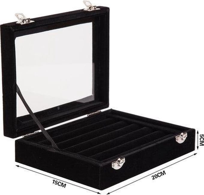 Ringen display koffer zwart fluweel met deksel